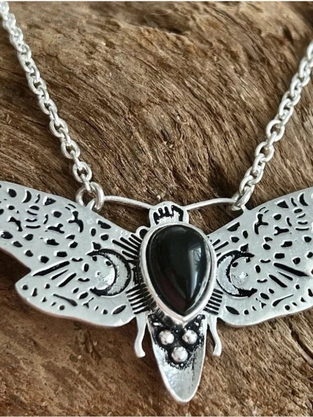 925 Sterling Silver Onyx Moon Moth Pendant Necklace jewelry